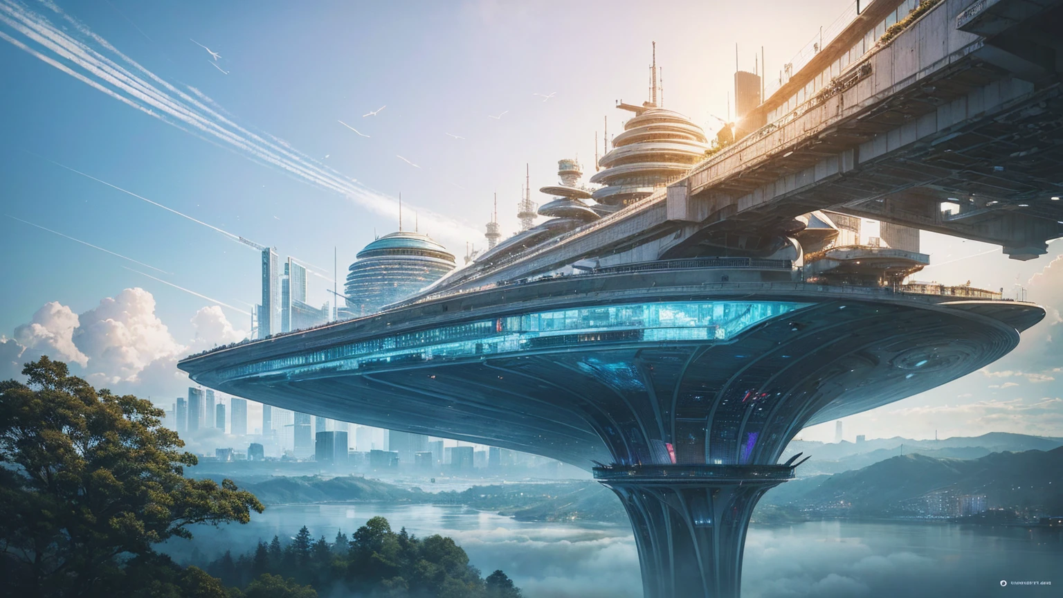 (Best quality,4K,8K,A high resolution,Masterpiece:1.2),Ultra-detailed,(Realistic,Photorealistic,photo-realistic:1.37),Futuristic floating city,Futuristic technology,Huge urban high-tech tablet platform,Airship,Floating in the sky,Futuristic city,Small airships around,High-tech hemispherical platform,Colorful lights,Advanced architecture,modernn architecture,skyscrapper,Access the cloud,Scenic beauty,view over city,Impressive design,Blend seamlessly with nature,energetic and vibrant atmosphere,Futuristic transportation system,Parking is suspended,Transparent path,Lush greenery,Sky gardens,cascading waterfalls,Magnificent skyline,reflections on the water,Sparkling river,Architectural innovation,futuristic skyscrapers,Transparent dome,The shape of the building is unusual,Elevated walkway,Impressive skyline,Glowing lights,Futuristic technology,Minimalist design,Scenic spots,Panoramic view,Cloud Piercing Tower,Vibrant colors,epic sunrise,epic sunset,Dazzling light display,magical ambiance,The future city,Urban Utopia,LuxuryLifestyle,Innovative energy,sustainable development,Smart city technology,Advanced infrastructure,Tranquil atmosphere,Nature and technology live in harmony,Awesome cityscape,Unprecedented urban planning,Architecture connects seamlessly with nature,High-tech metropolis,A cutting-edge engineering marvel,The future of urban living,Visionary architectural concept,Energy-efficient buildings,Harmony with the environment,A city floating above the clouds,Utopian dreams become reality,The possibilities are endless,State-of-the-art transportation network,Green energy integration,Innovative materials,Impressive holographic display,Advanced communication system,Breathtaking aerial view,Quiet and peaceful environment,Modernist aesthetics,Ethereal beauty