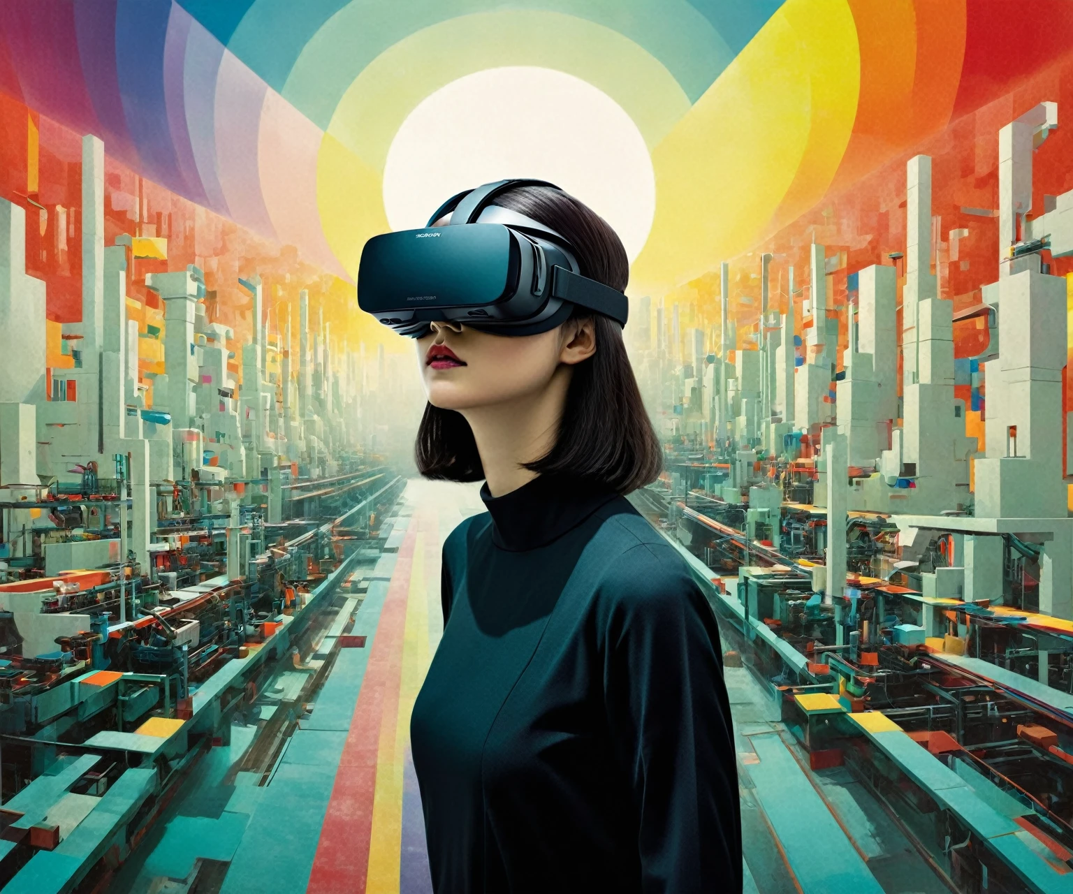 22. Un concept art de science-fiction suprématiste mettant en scène la réalité virtuelle dans un environnement industriel, avec une palette de couleurs arc-en-ciel.