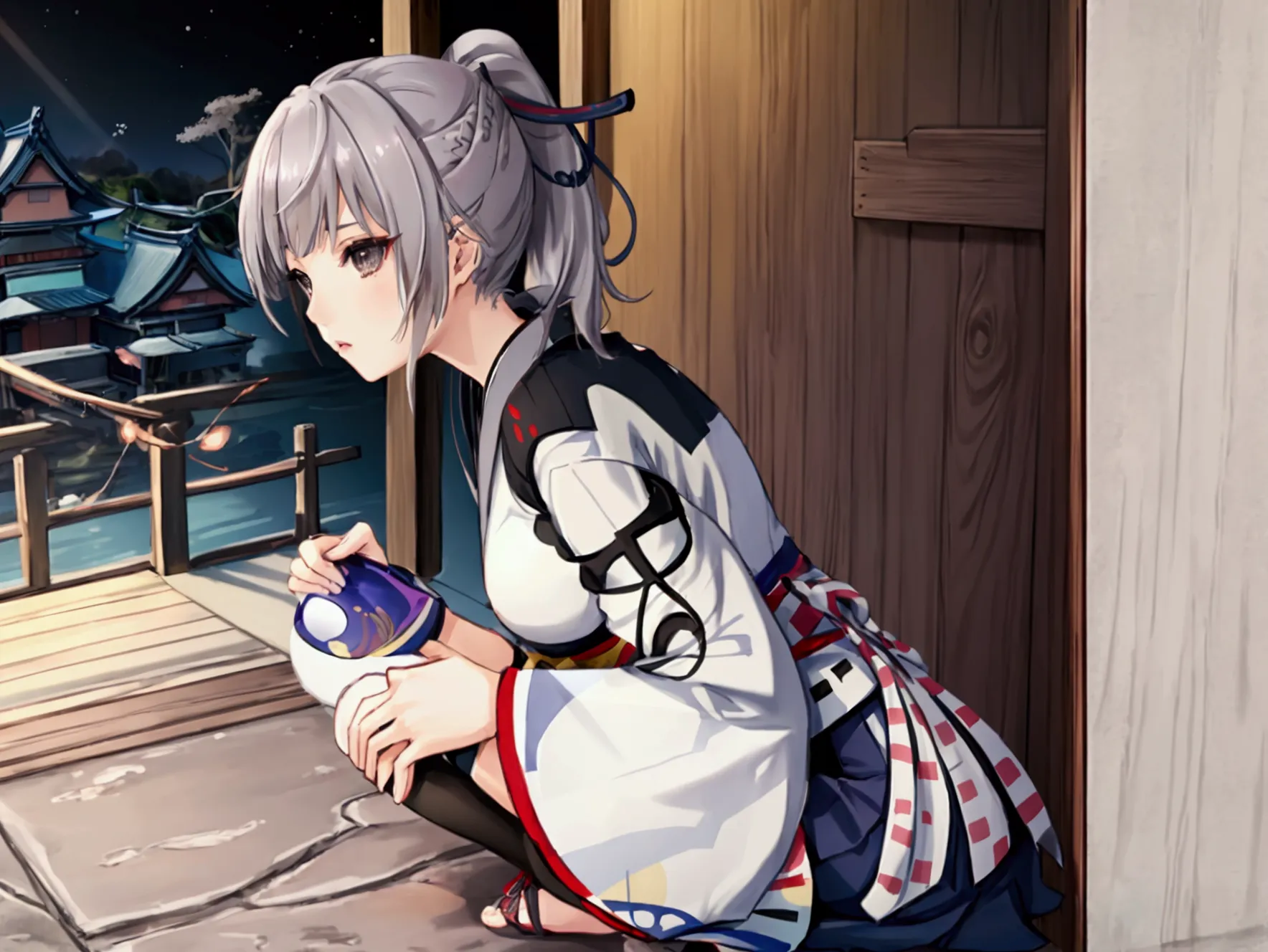 one girl, kimono, ponytail ,gray hair, grey eyes, wallpaper, japanese castle, landscape, depth of written boundary, night,shinse...