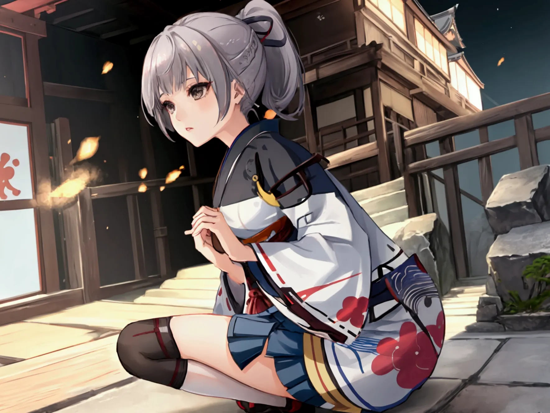 One girl, kimono, ponytail ,Gray Hair, Grey Eyes, wallpaper, Japanese Castle, landscape, Depth of written boundary, night,Shinse...