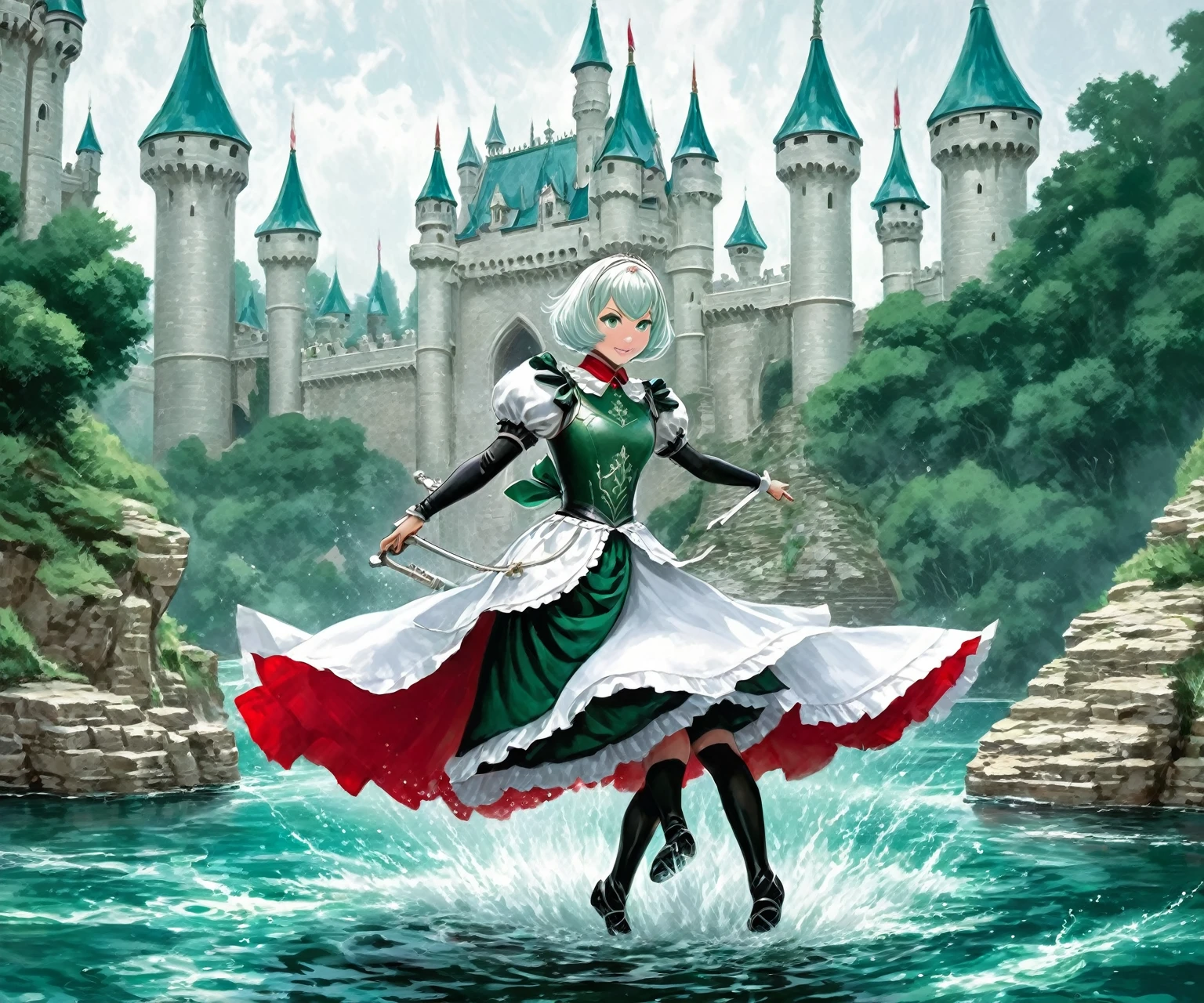 masterpiece, best quality, illustration, fighting pose, 1girl, noelle genshin impact, short silver hair, green eyes, maid skirt with red side parts, maid knight, maid knight armor, castle bridge, water,