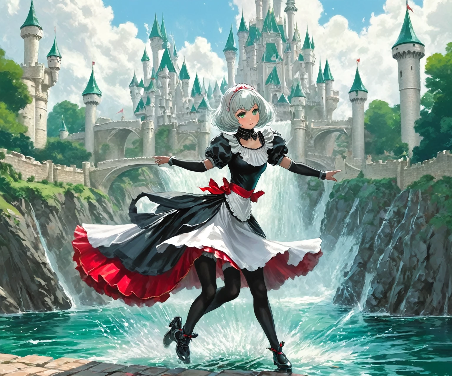 masterpiece, best quality, illustration, fighting pose, 1girl, noelle genshin impact, short silver hair, green eyes, maid skirt with red side parts, maid knight, maid knight armor, castle bridge, water,