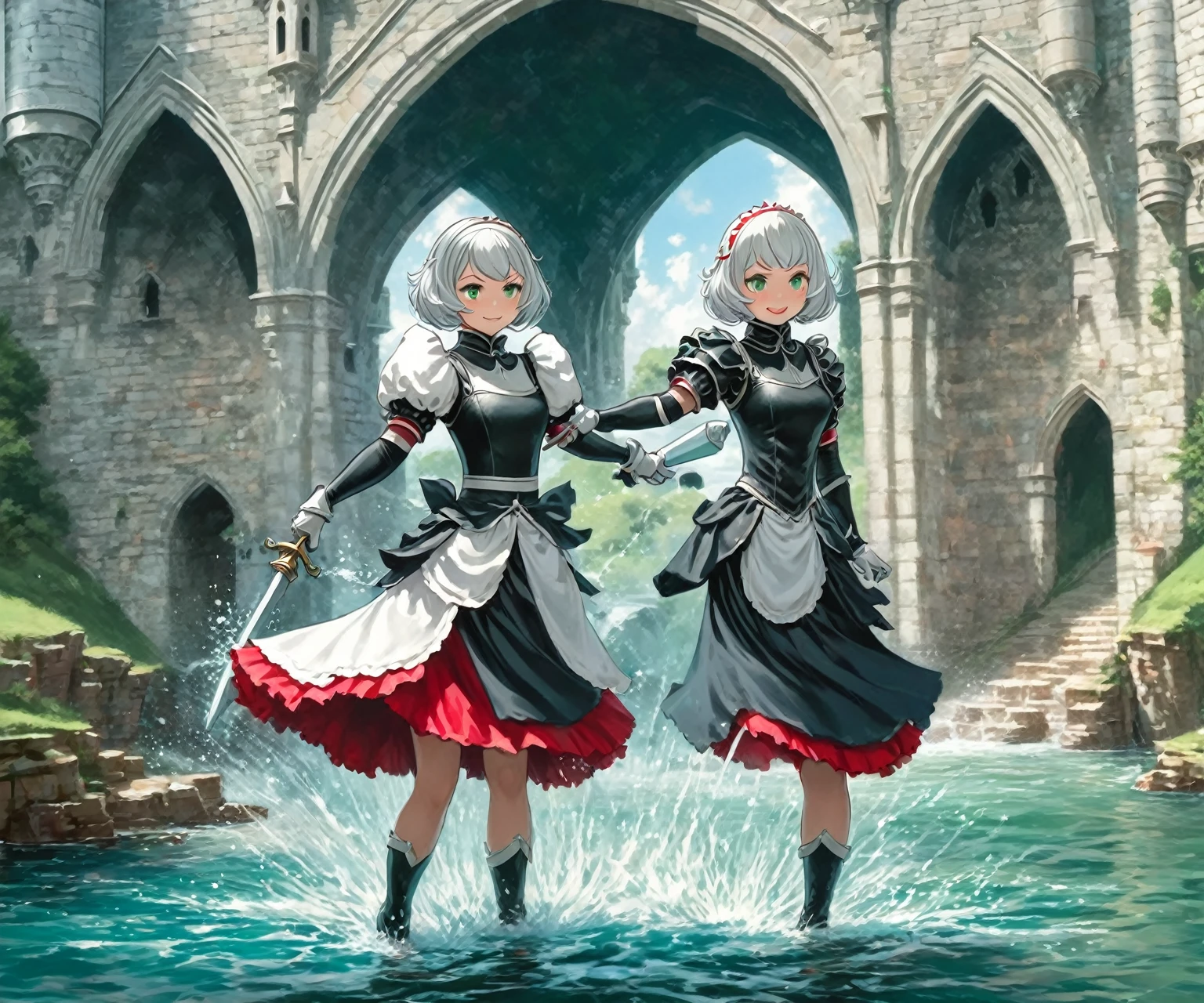 masterpiece, best quality, illustration, fighting pose, 1girl, noelle genshin impact, short silver hair, green eyes, maid skirt with red side parts, maid knight, maid knight armor, castle bridge, water,