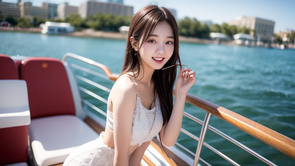 Singing on the boat、A cute smiling 20-year-old girl、Rock clothes、Physiologically correct body, Blur the background