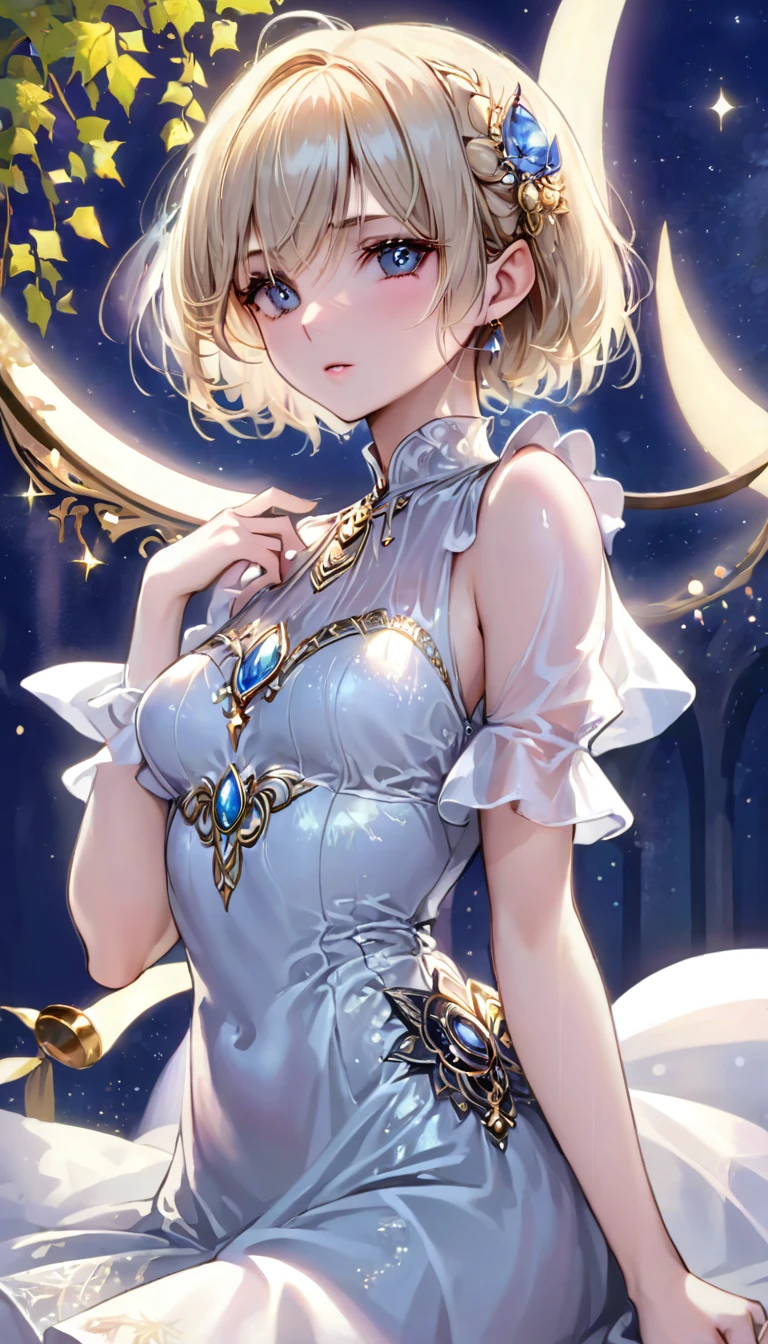 blonde hair, short hair, jewelry, bead necklace, mismatched pupils, longeyelashes, pointy ears, drunk, by Alfons Mucha, reflection light, masterpiece, accurate, textured skin, high details, best quality, super detail, highres, elf, Evening dress, party venue, grab a wine glass, Crescent Moon Night, Standing alone on the terrace