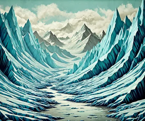 19. An urban decay scene in lowbrow style, showing glacier with paper textures and neutral color palette.

