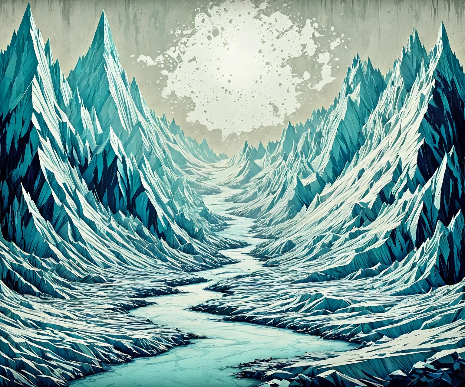 19. An urban decay scene in lowbrow style, showing glacier with paper textures and neutral color palette.
