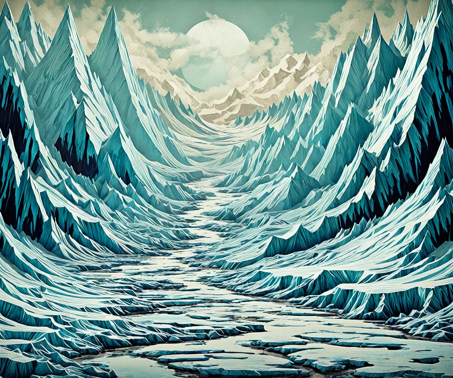 19. Une scène de décadence urbaine dans un style lowbrow, montrant un glacier avec des textures de papier et une palette de couleurs neutres.
