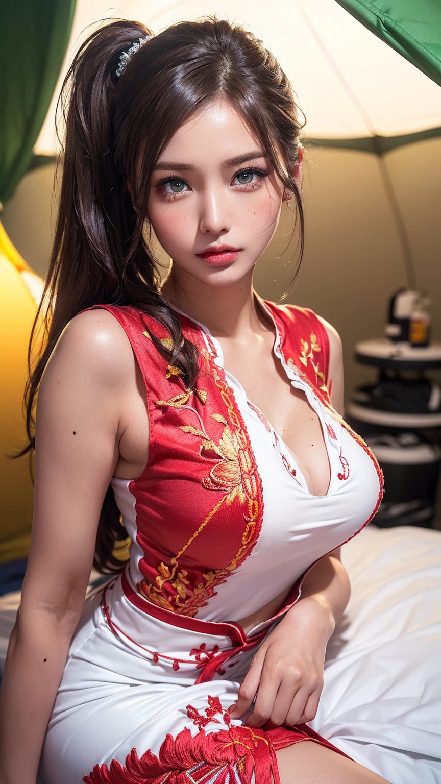 ((Highest quality、8k、masterpiece:1.3))、(Very large breasts:1.3)、(Photorealistic、Perfect Style:1.3)、(Beautiful 20 year old woman、Lying in bed:1.3)、(She has a slim waist and large breasts, like a gravure idol.:1.3)、((Highly detailed face and skin texture with beautiful eyes、Eye highlights:1.6))、(Super long hair、Fancy side ponytail:1.3)、((A quiet and pure Japanese woman、Mole under the eye、Pretty droopy eyes、A flashy racing model outfit with red embroidery:1.4))、((Very tanned brown skin:1.6))、((Neat model-like makeup、Thick red eyeshadow on the outer corner of the eye、In a one-person tent、The tent at night is lit up with stylish and moody green lighting.、Sitting on a bed in a tent、I&#39;m so embarrassed my face is so red、It really accentuates the waistline and thick thighs.:1.4))