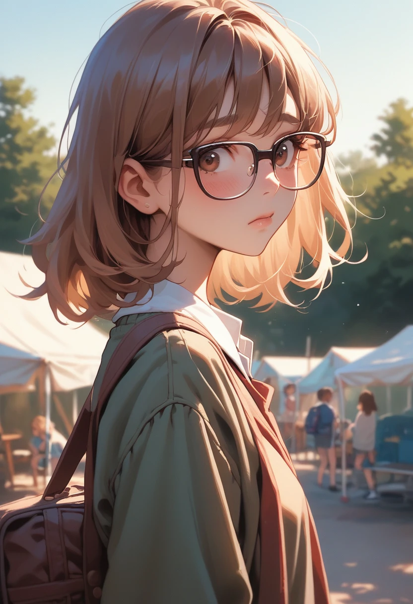 1girl, european girl, 18 years old, long light-brown hair, cute face, embarrassment, outdoor clothes, glasses, standing, school camp, school, source_realictic, deatiling panting, brown eyes, detailing body, side view