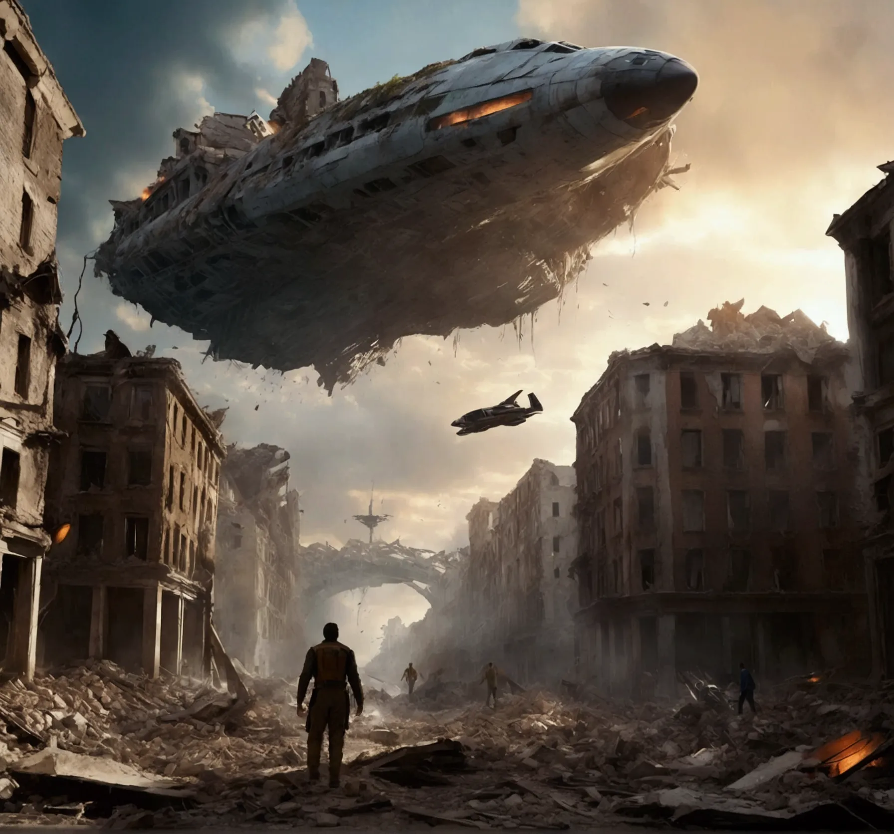 an incredible movie scene with a large spaceship in third person in the scene flies over the rubble of a destroyed city, its fli...