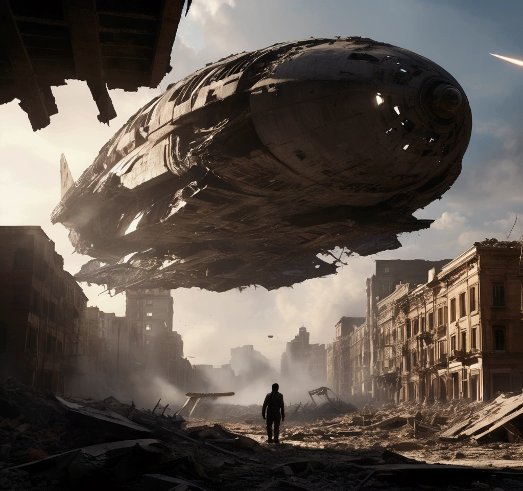 An incredible movie scene with a large spaceship in third person in the scene flies over the rubble of a destroyed city, its flight between the remains of buildings Fallen bridges destroyed streets reflect the shadow of the large ship projected into the ruins