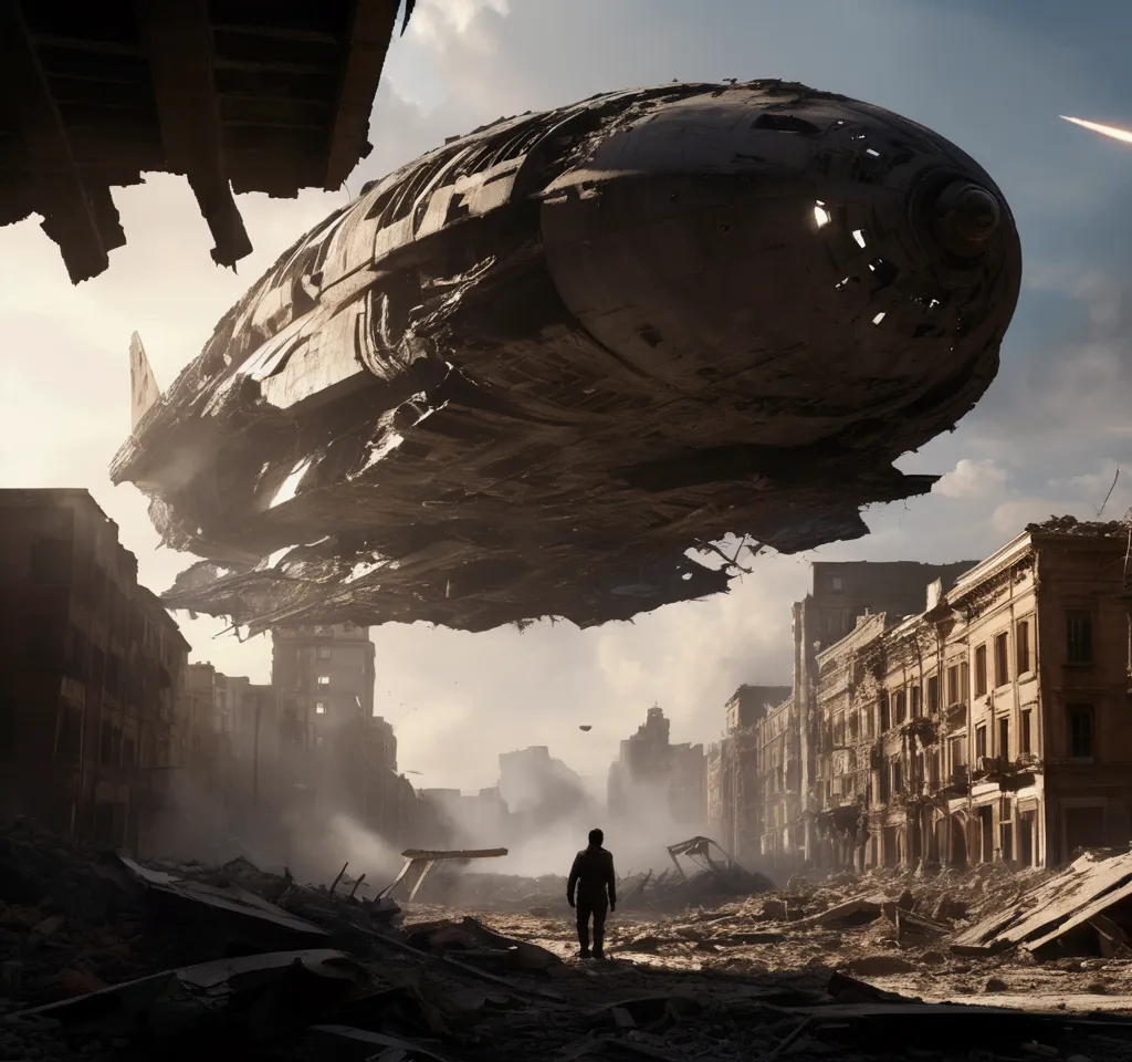 an incredible movie scene with a large spaceship in third person in the scene flies over the rubble of a destroyed city, its fli...