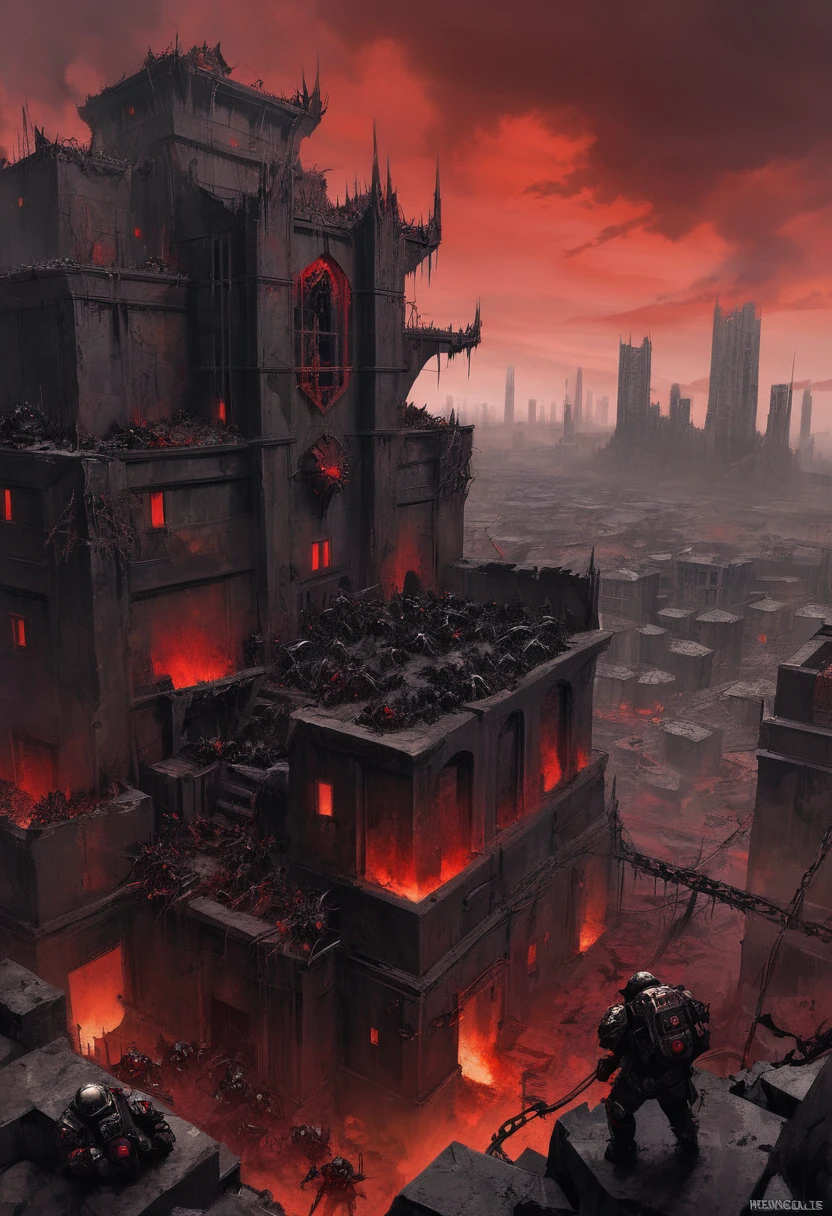 Hell's Place, Red Sky, thorns, Black Rocks, The Atmosphere of Death, gloomy buildings, view from above, renegades of chaos, Cultists, respirators, helmet and angular armor