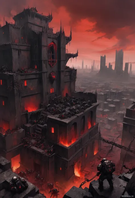 Hell's Place, Red Sky, thorns, Black Rocks, The Atmosphere of Death, gloomy buildings, view from above, renegades of chaos, Cult...