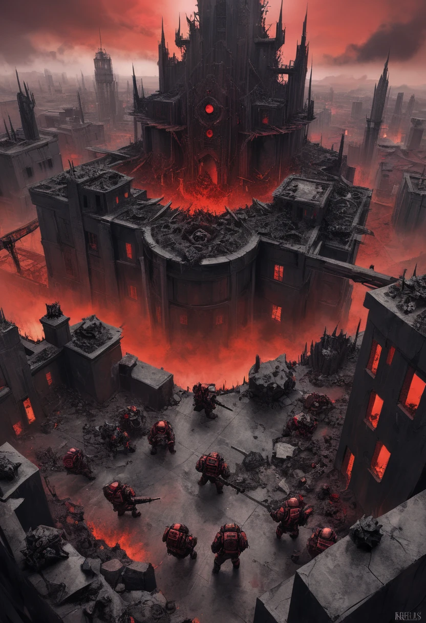 Hell's Place, Red Sky, thorns, Black Rocks, The Atmosphere of Death, gloomy buildings, view from above, renegades of chaos, Cultists, respirators, helmet and angular armor