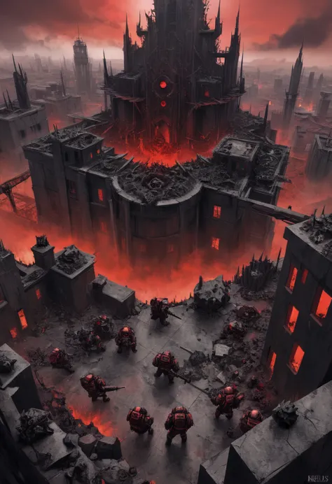 Hell's Place, Red Sky, thorns, Black Rocks, The Atmosphere of Death, gloomy buildings, view from above, renegades of chaos, Cult...