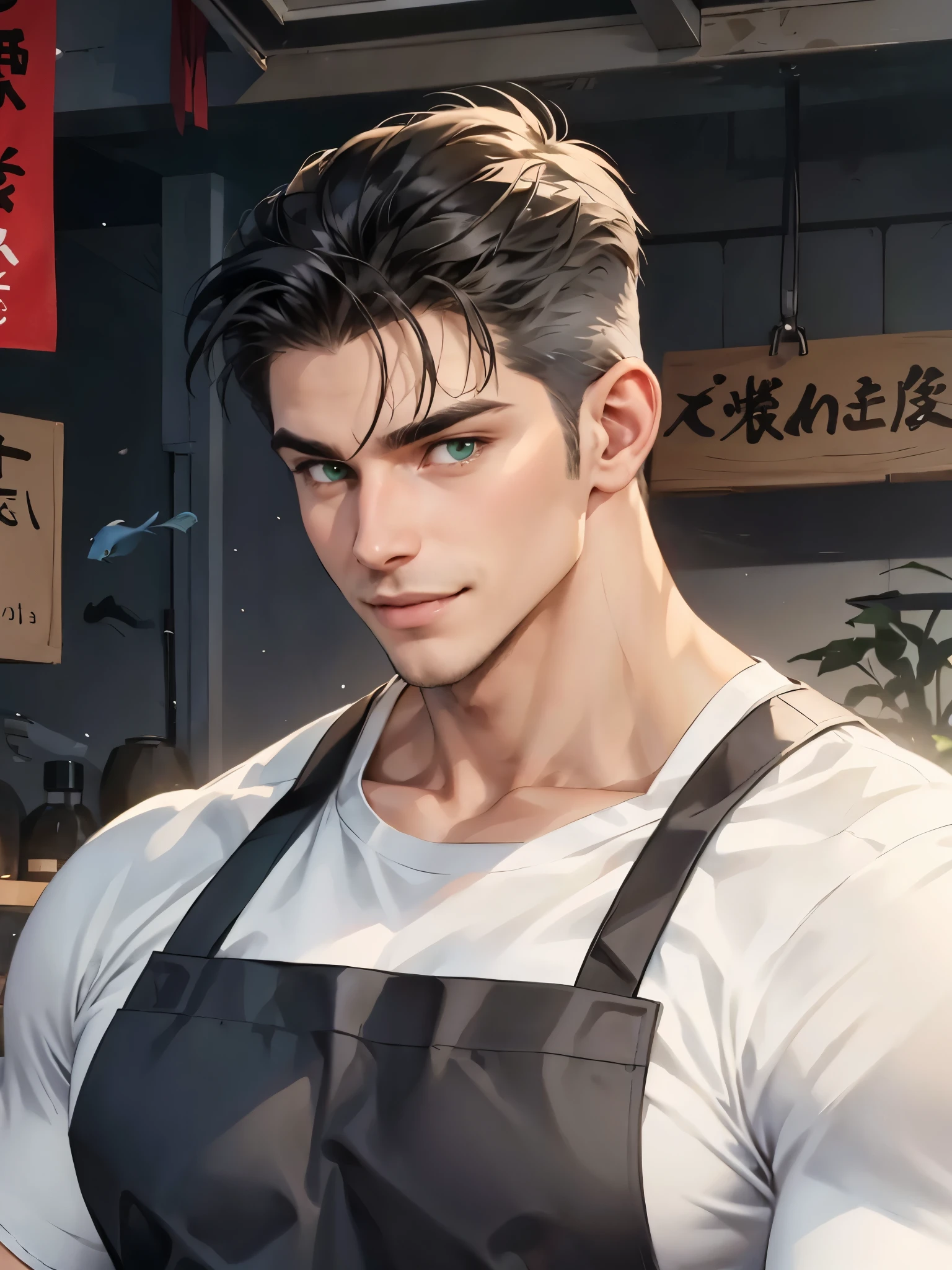 men wear dark gray shining apron over white T-shirt, muscular and handsome,naughty,fang,green eyes,facial hair,fish market,smile