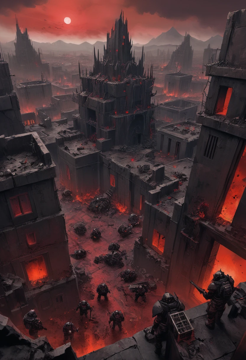 Hell's Place, Red Sky, thorns, Black Rocks, The Atmosphere of Death, gloomy buildings, view from above, renegades of chaos, Cultists, respirators, helmet and angular armor