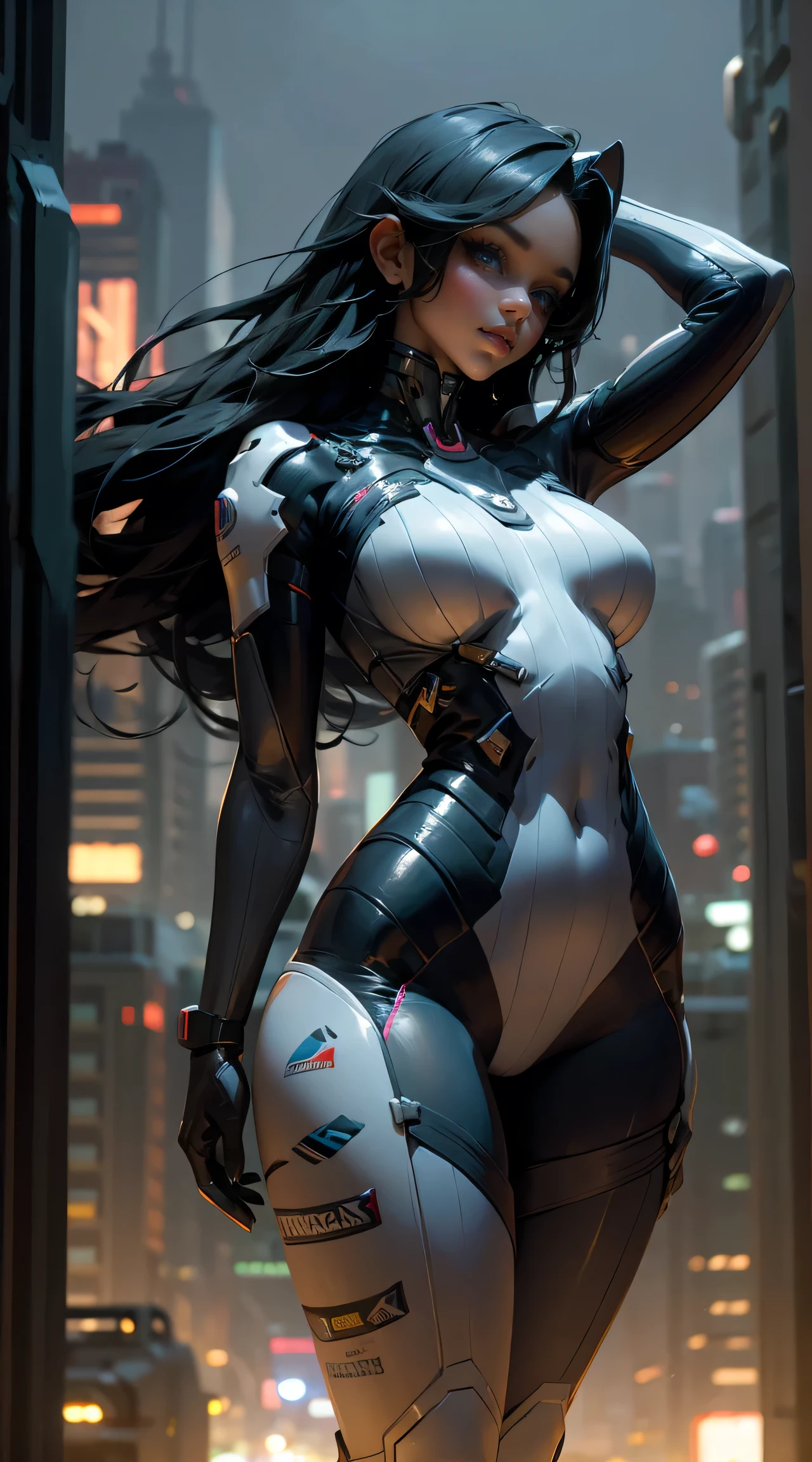 d.Beautiful sexy woman posing with big breasts and big hips with a small waist, showing her body from head to toe against the background of the darkness of the night in a futuristic city 