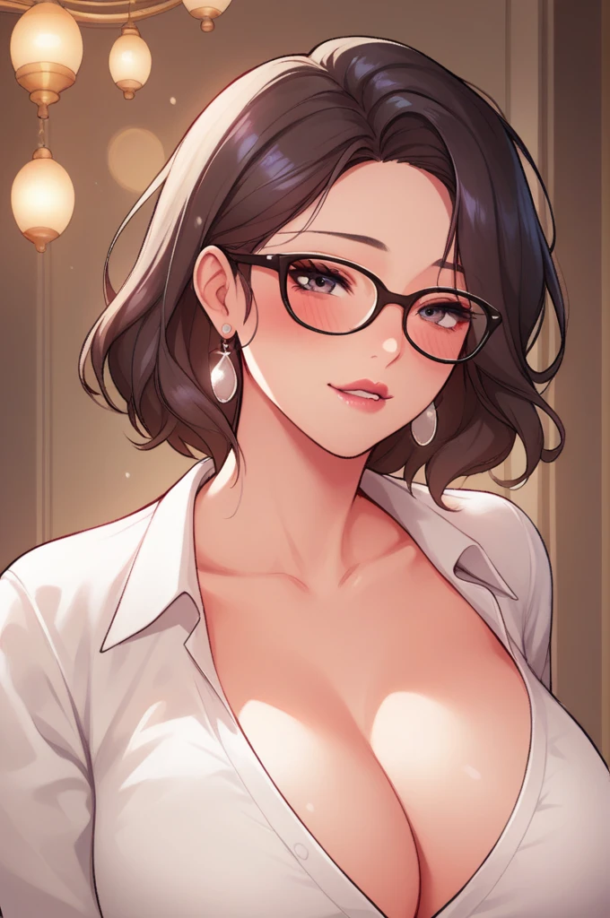 Hot sexy beautiful cute milf  ,white shirt,black pencil skirt, silver chandelier earrings,big breasts,  lipstick,makeup, black,two falling hair strands,blush,short hair , glasses , biting lips 