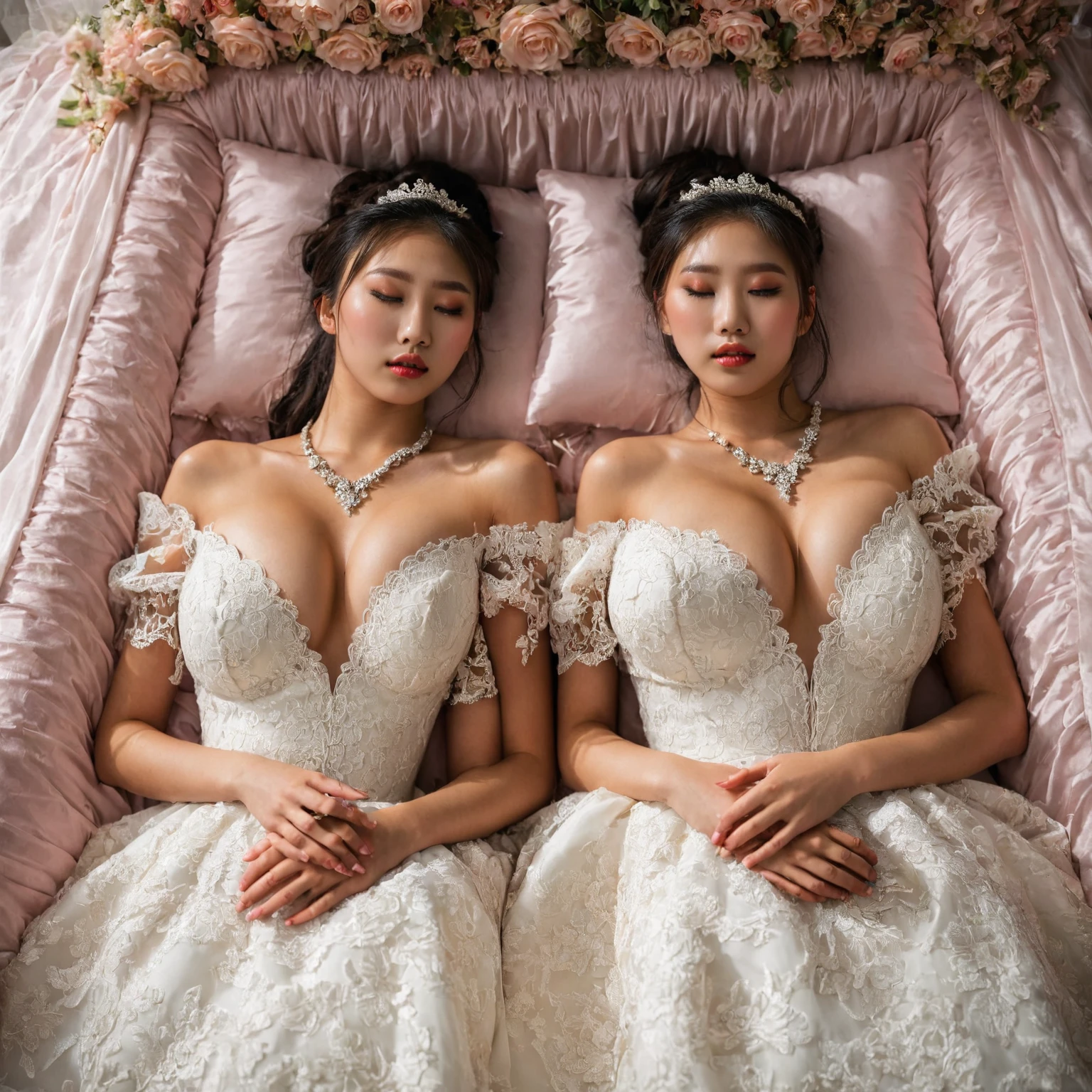 A provocative and sensual image unfolds before us. Two Korean girls, 22 years old, lie asleep in a deep, black coffin surrounded by plush pillows. They wear see-through wedding dresses with lace details, off-shoulder designs, sleeve, and huge skirts that cascade around their bodies. The dresses are cut low to showcase their beautiful breasts, fixed with a subtle cleavage cutout. Their faces are flawless, with perfect eyebrows, eyelashes, and skin tone. One girl's hair is styled in a ponytail with bangs framing her face, while the other has a bun adorned with wisps of hair framing her closed eyes. The overall atmosphere is one of intimacy and sensuality, with saturated colors enhancing the mood. Note the visible breasts and perfectly manicured hands that peek out from beneath the skirts, which are strategically covered to conceal their legs, ba11g0wn 