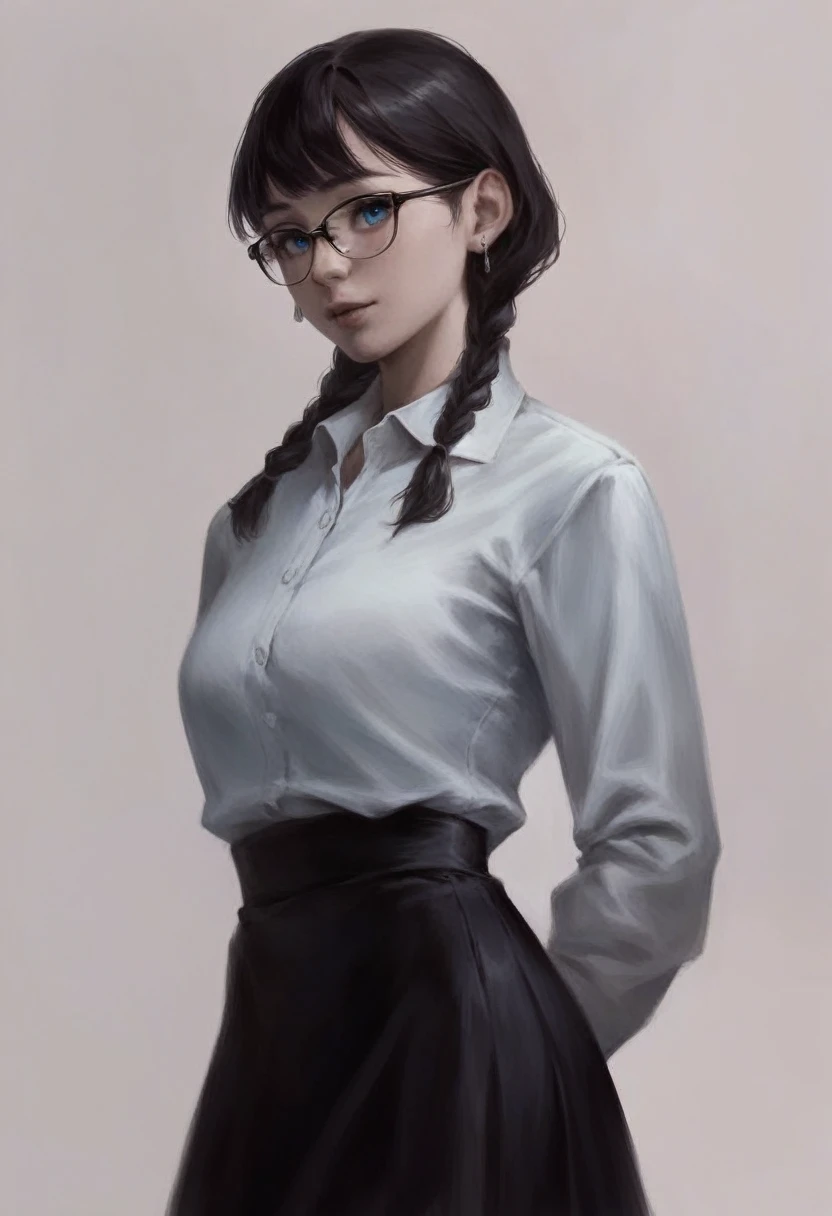 masterpiece,best quality,4K,8K,teenage,monochrome, crosshatching shading, manga art, 1girl,solo,arm behind back,arms at sides,looking at viewer, standing,dark hair, braids,earrings,blue eyes,glasses, collared shirt,long sleeves,black skirt, simple background, upper body,
