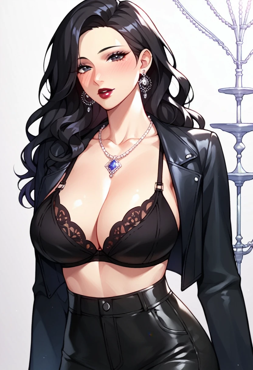 Hot sexy beautiful gothic milf ,big long silver chandelier  earrings,black hair,blush,black  eyes, necklace ,wavy blunt hair, lipstick,big
 breasts , jacket,bra,thongh pants 