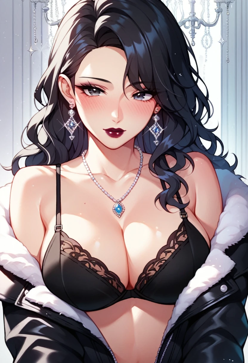 Hot sexy beautiful gothic milf ,big long silver chandelier  earrings,black hair,blush,black  eyes, necklace ,wavy blunt hair, lipstick,big
 breasts , jacket,bra,thongh pants 