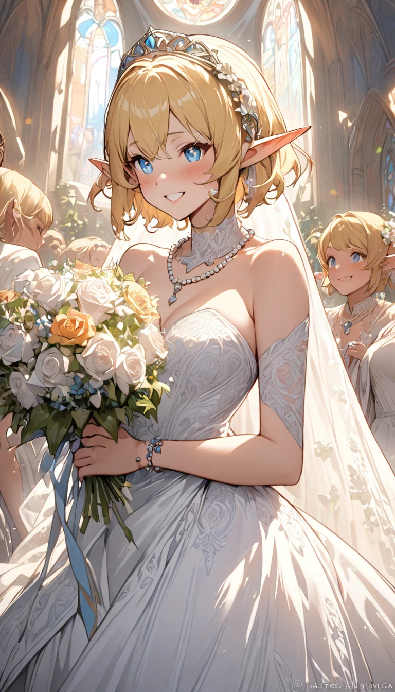 blonde hair, short hair, jewelry, bead necklace, mismatched pupils, longeyelashes, (pointy ears), happy, by Alfons Mucha, reflection light, masterpiece, accurate, textured skin, high details, best quality, super detail, highres, (elf), wedding dress, Grab the bouquet and bring it to her chest, At the church