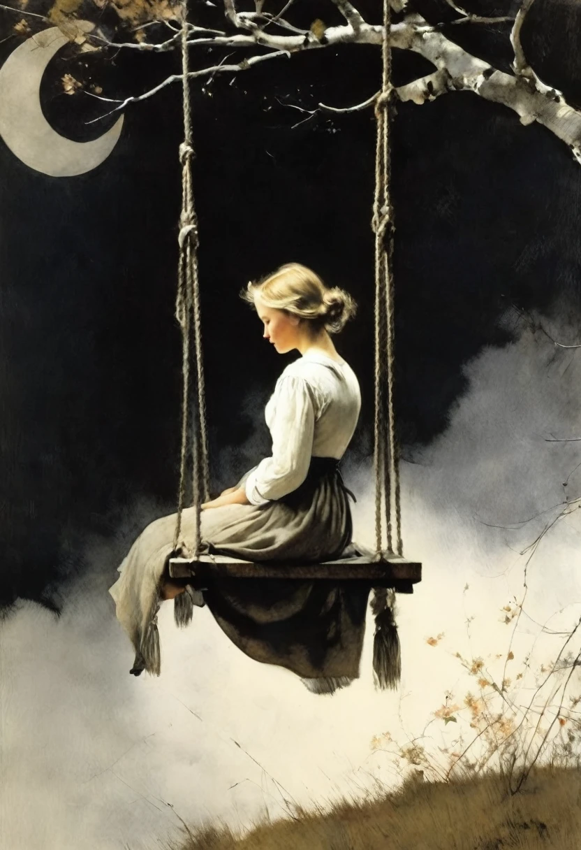 This Andrew Wyeth - The Art of Andrew Wyeth - with a muted floral palette and dry brush technique that creates a feeling of calm.(animation. Girl on a swing, tied to a crescent moon, night, Romance, fairytale background) (minimalism: 1) . Dietary composition, ideal anatomy.
