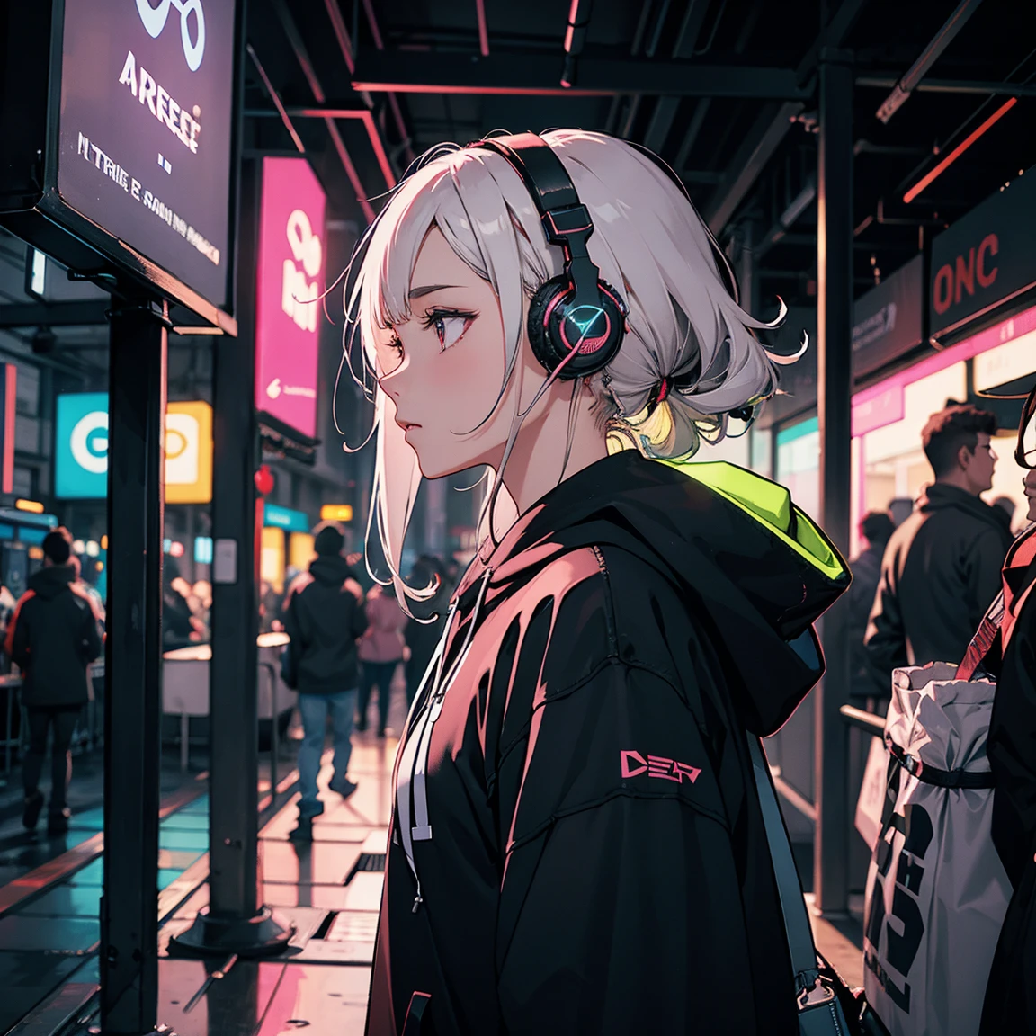 Male, profile, headphones, hoodie, vivid colors, neon, cyberpunk, 