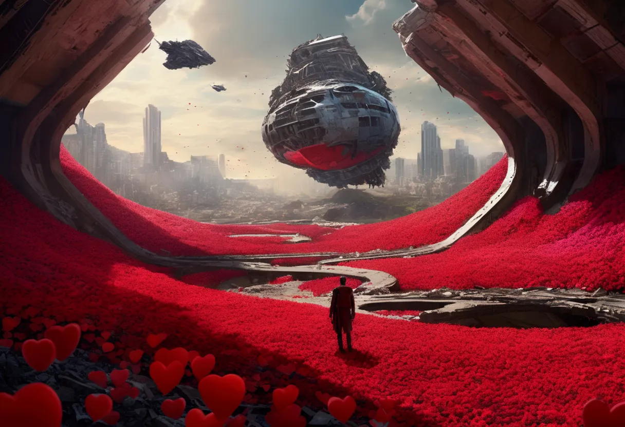 an incredible movie sci-fi scene with a big spaceship in third person in the scene flies over a large valley with a field of abs...