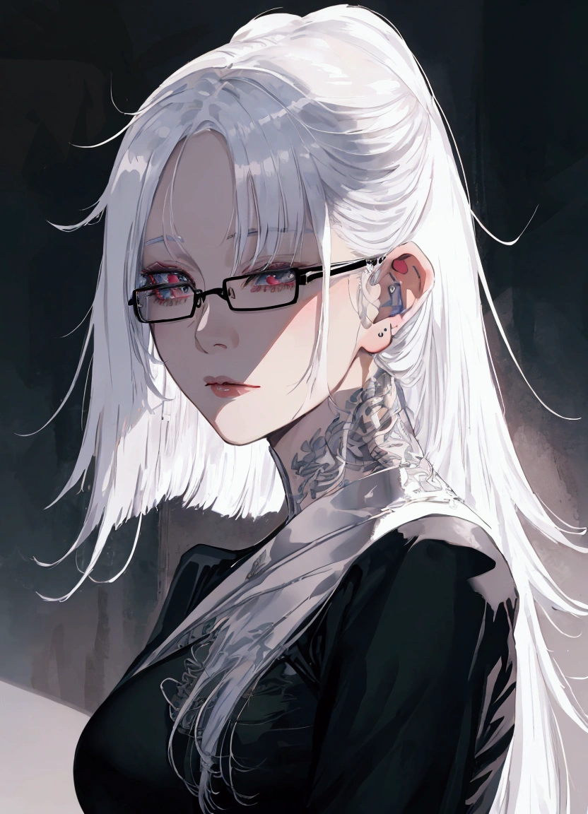 a close up of a woman 안경을 끼고 and a black shirt, perfect 흰머리 girl, 흰 머리를 가진 소녀, artwork in the style of 구웨이즈, 흐르는 흰 머리카락, 흰머리, 아름다운 애니메이션 초상화, 흰머리 lady, 구웨이즈, 길고 흰 머리를 가진, 백발의, 안경을 끼고, 현실적인 젊은 애니메이션 소녀, 현실적인 애니메이션 아트 스타일