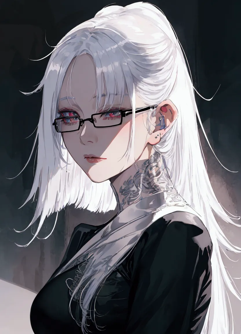 a close up of a woman with glasses and a black shirt, perfect white haired girl, girl with white hair, artwork in the style of g...