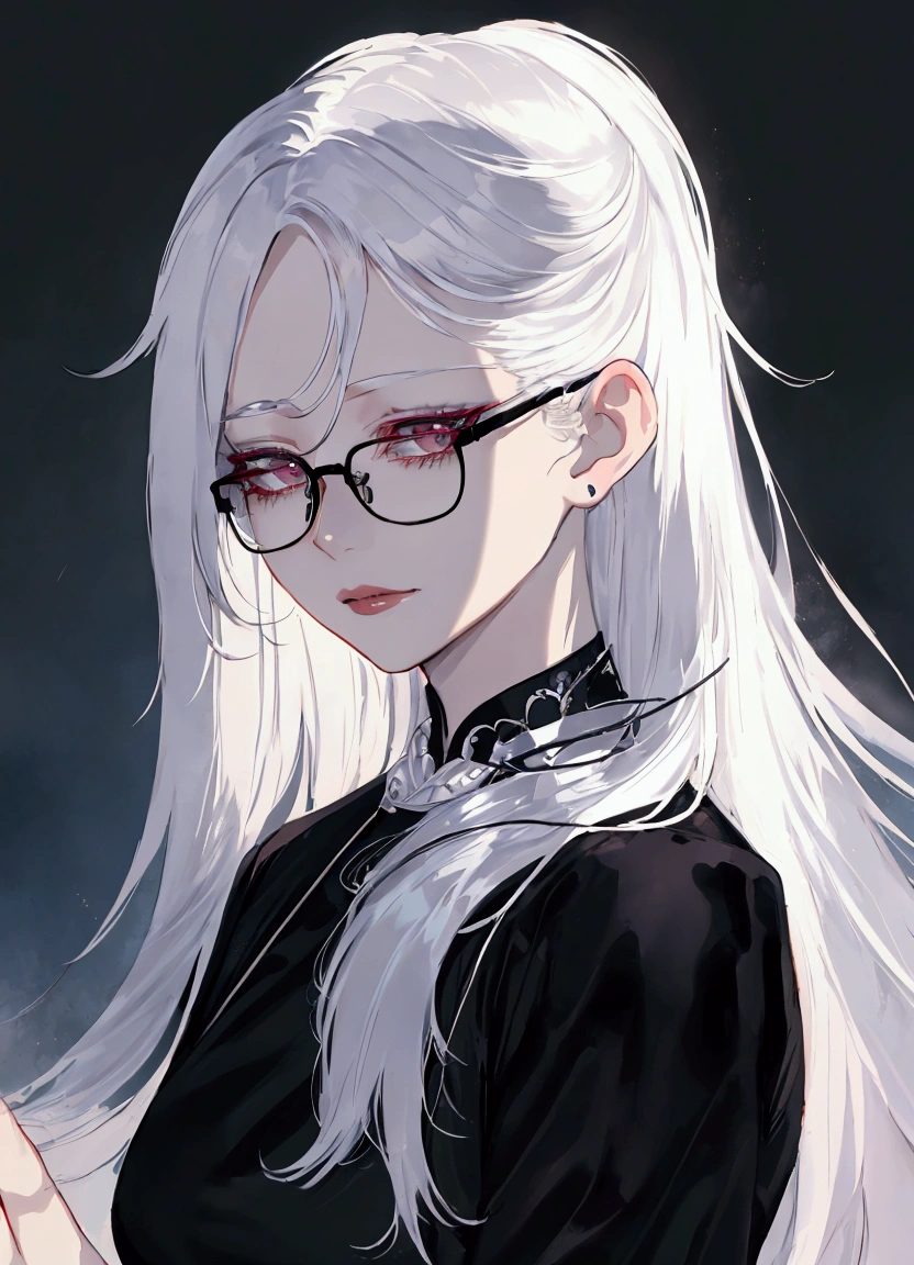 a close up of a woman with glasses and a black shirt, perfect white haired girl, girl with white hair, artwork in the style of guweiz, flowing white hair, white haired, beautiful anime portrait, white haired lady, guweiz, with long white hair, white-haired, with glasses, realistic young anime girl, realistic anime art style