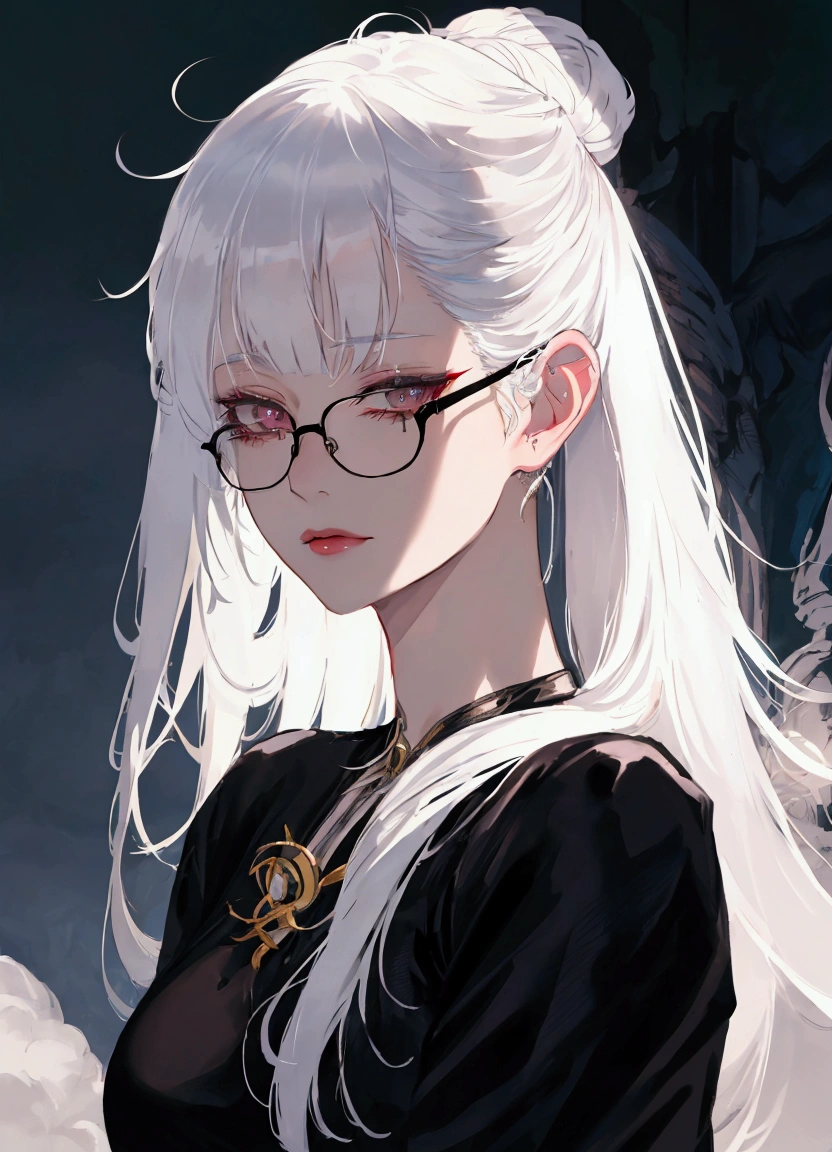 a close up of a woman with glasses and a black shirt, perfect white haired girl, girl with white hair, artwork in the style of guweiz, flowing white hair, white haired, beautiful anime portrait, white haired lady, guweiz, with long white hair, white-haired, with glasses, realistic young anime girl, realistic anime art style