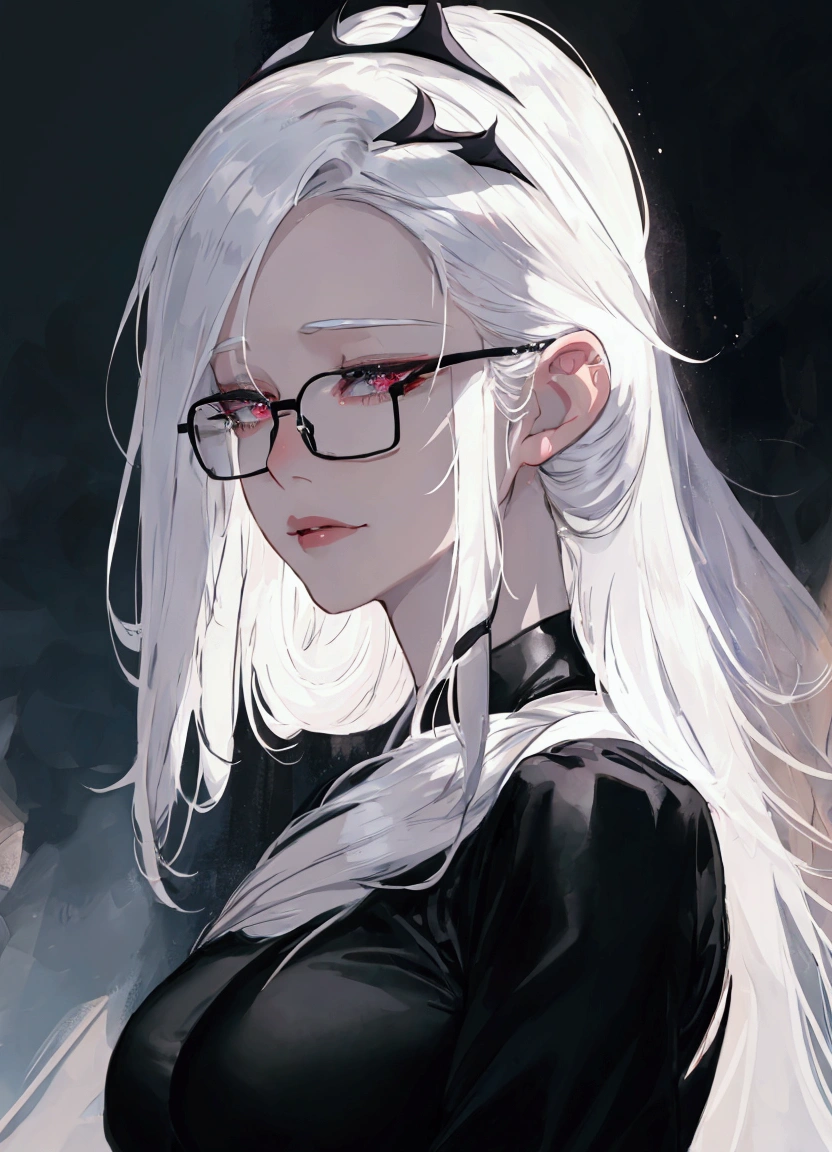 a close up of a woman with glasses and a black shirt, perfect white haired girl, girl with white hair, artwork in the style of guweiz, flowing white hair, white haired, beautiful anime portrait, white haired lady, guweiz, with long white hair, white-haired, with glasses, realistic young anime girl, realistic anime art style