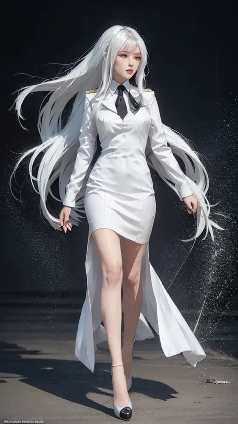 A woman in a white dress and black tie is walking., professional cosplay, anime characters; Whole body art, Azure Lane Style, an...