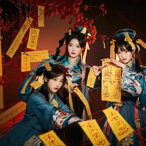 Three people in costumes standing in a room, official art works, Inspired by Emperor Xuande, Three Kingdoms of China, inspired b...