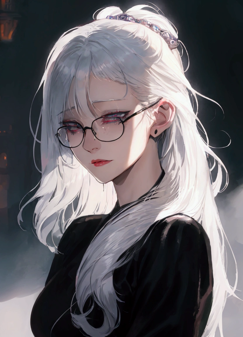 a close up of a woman with glasses and a black shirt, perfect white haired girl, girl with white hair, artwork in the style of guweiz, flowing white hair, white haired, beautiful anime portrait, white haired lady, guweiz, with long white hair, white-haired, with glasses, realistic young anime girl, realistic anime art style