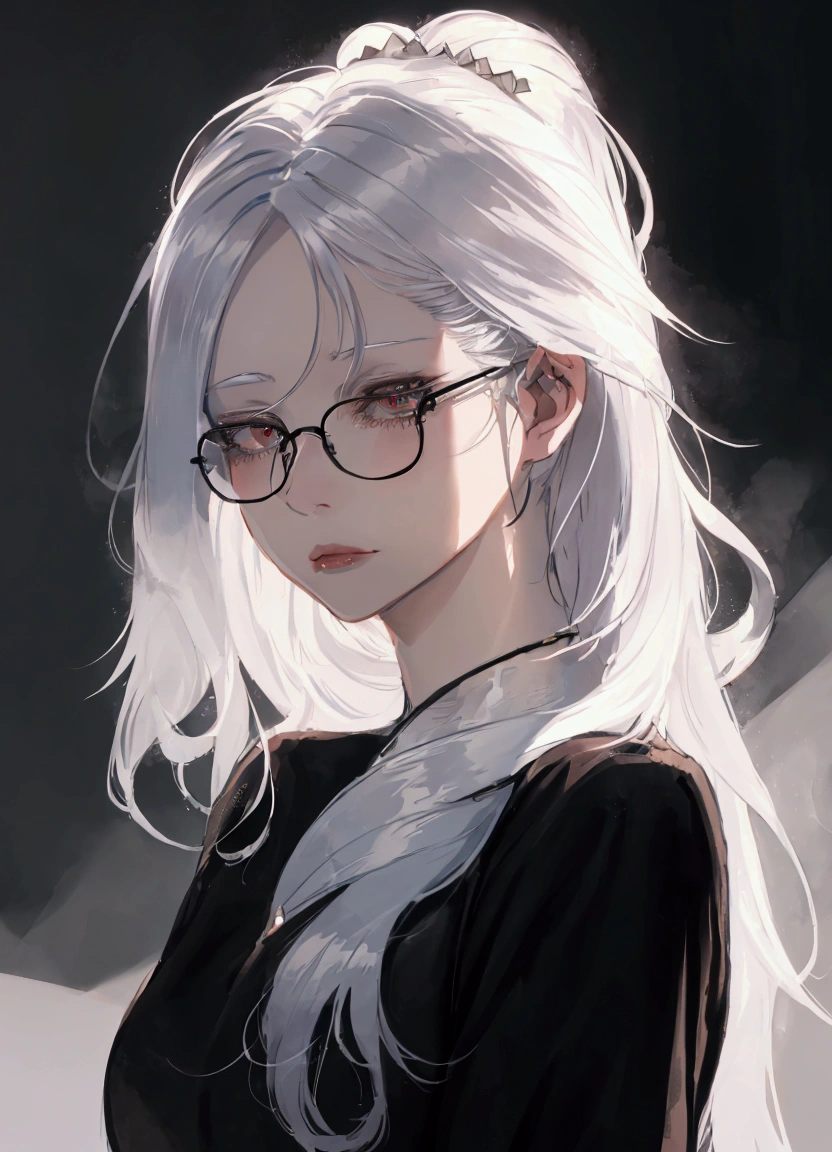 a close up of a woman with glasses and a black shirt, perfect white haired girl, girl with white hair, artwork in the style of guweiz, flowing white hair, white haired, beautiful anime portrait, white haired lady, guweiz, with long white hair, white-haired, with glasses, realistic young anime girl, realistic anime art style