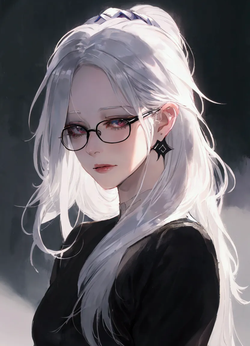 a close up of a woman with glasses and a black shirt, perfect white haired girl, girl with white hair, artwork in the style of g...