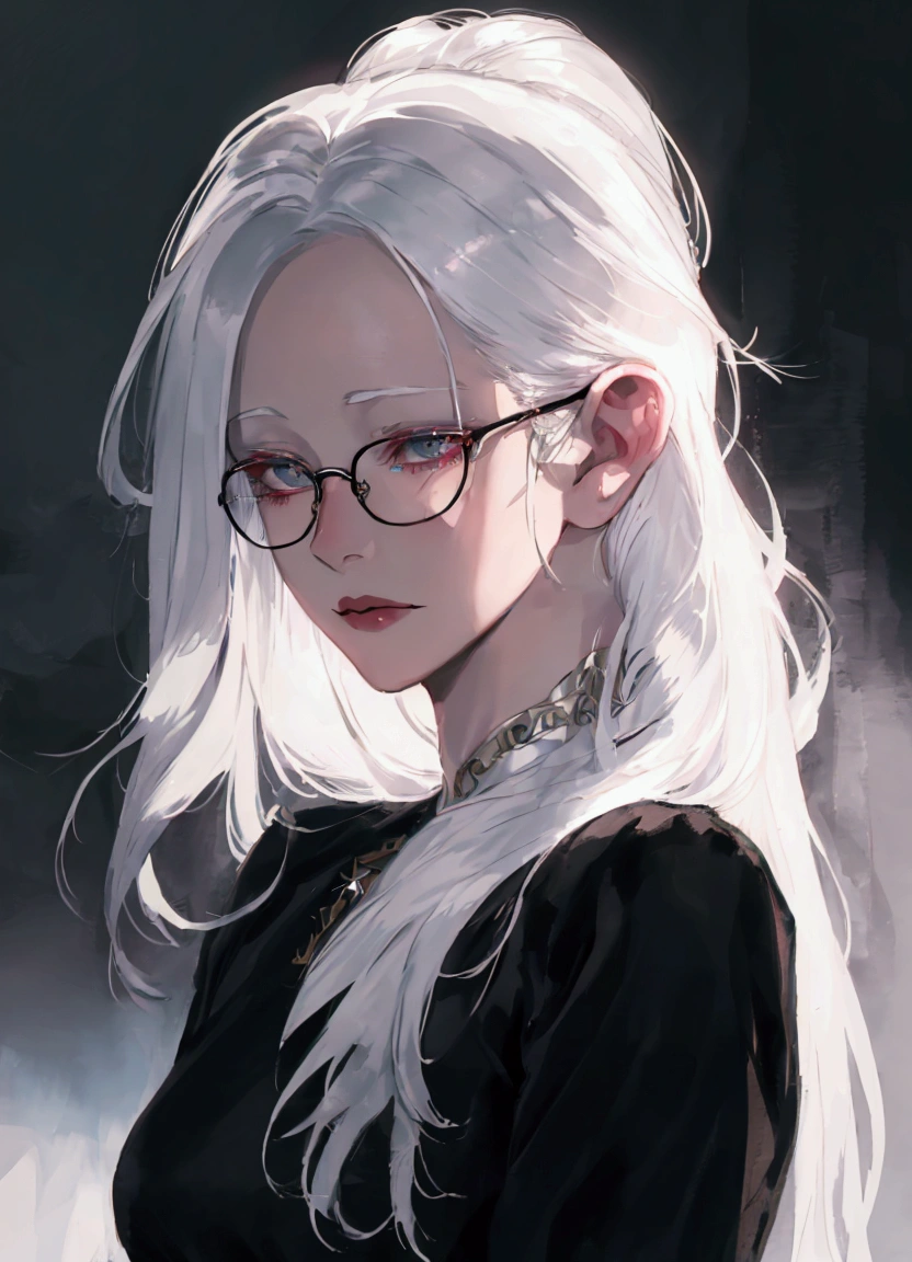 a close up of a woman with glasses and a black shirt, perfect white haired girl, girl with white hair, artwork in the style of guweiz, flowing white hair, white haired, beautiful anime portrait, white haired lady, guweiz, with long white hair, white-haired, with glasses, realistic young anime girl, realistic anime art style