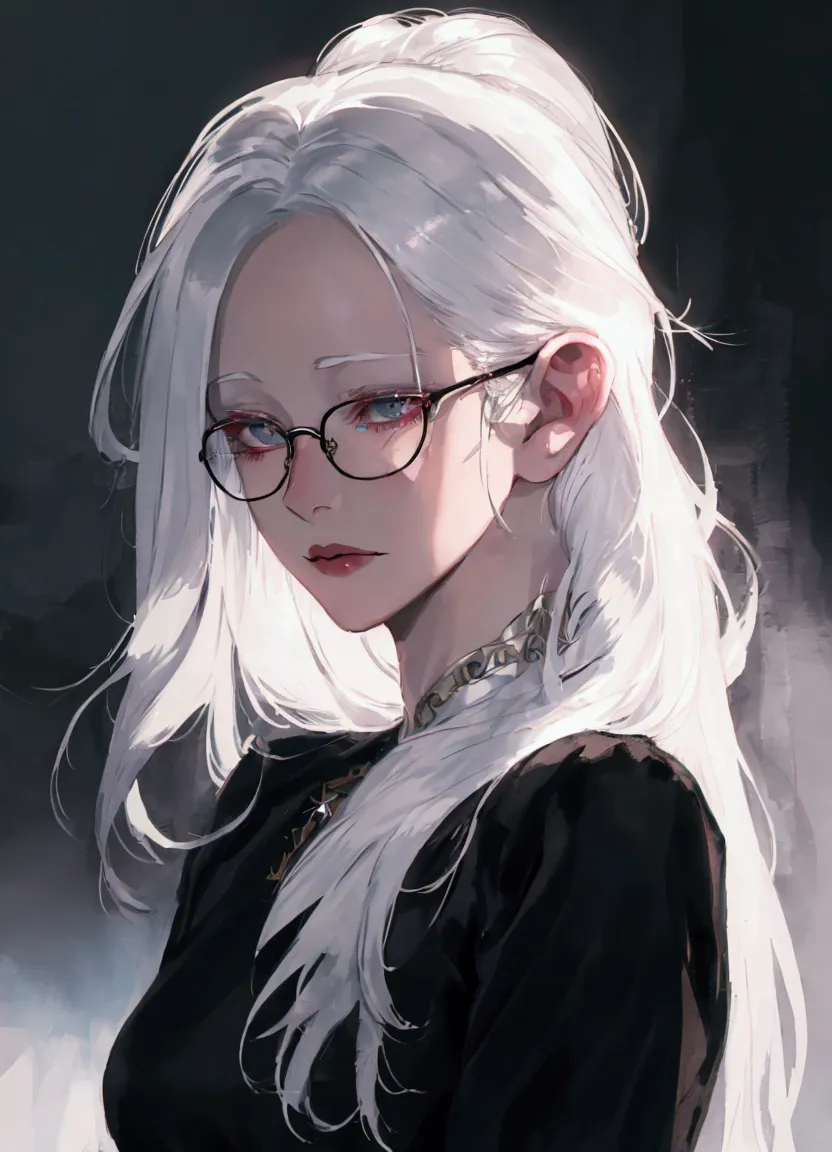 a close up of a woman with glasses and a black shirt, perfect white haired girl, girl with white hair, artwork in the style of g...