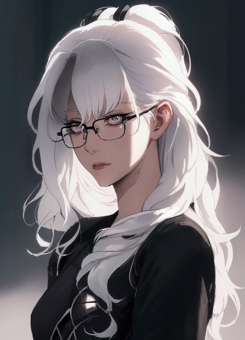 a close up of a woman with glasses and a black shirt, perfect white haired girl, girl with white hair, artwork in the style of guweiz, flowing white hair, white haired, beautiful anime portrait, white haired lady, guweiz, with long white hair, white-haired, with glasses, realistic young anime girl, realistic anime art style