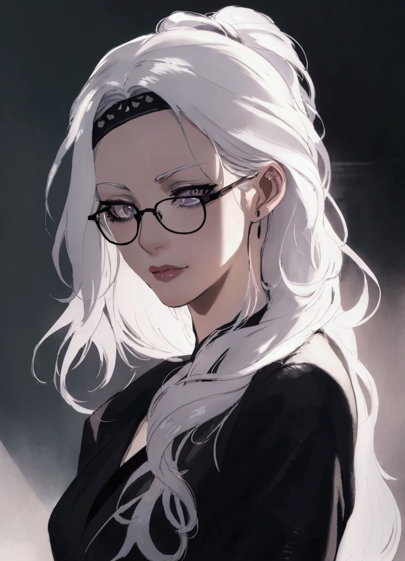 a close up of a woman with glasses and a black shirt, perfect white haired girl, girl with white hair, artwork in the style of guweiz, flowing white hair, white haired, beautiful anime portrait, white haired lady, guweiz, with long white hair, white-haired, with glasses, realistic young anime girl, realistic anime art style