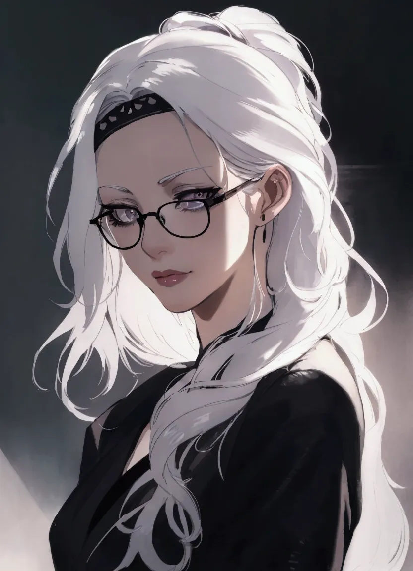 a close up of a woman with glasses and a black shirt, perfect white haired girl, girl with white hair, artwork in the style of g...