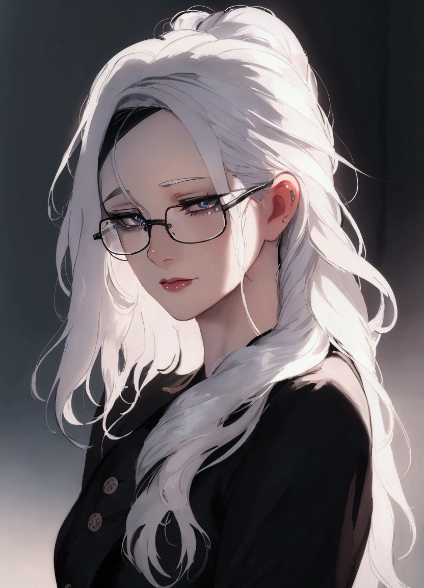 a close up of a woman with glasses and a black shirt, perfect white haired girl, girl with white hair, artwork in the style of guweiz, flowing white hair, white haired, beautiful anime portrait, white haired lady, guweiz, with long white hair, white-haired, with glasses, realistic young anime girl, realistic anime art style