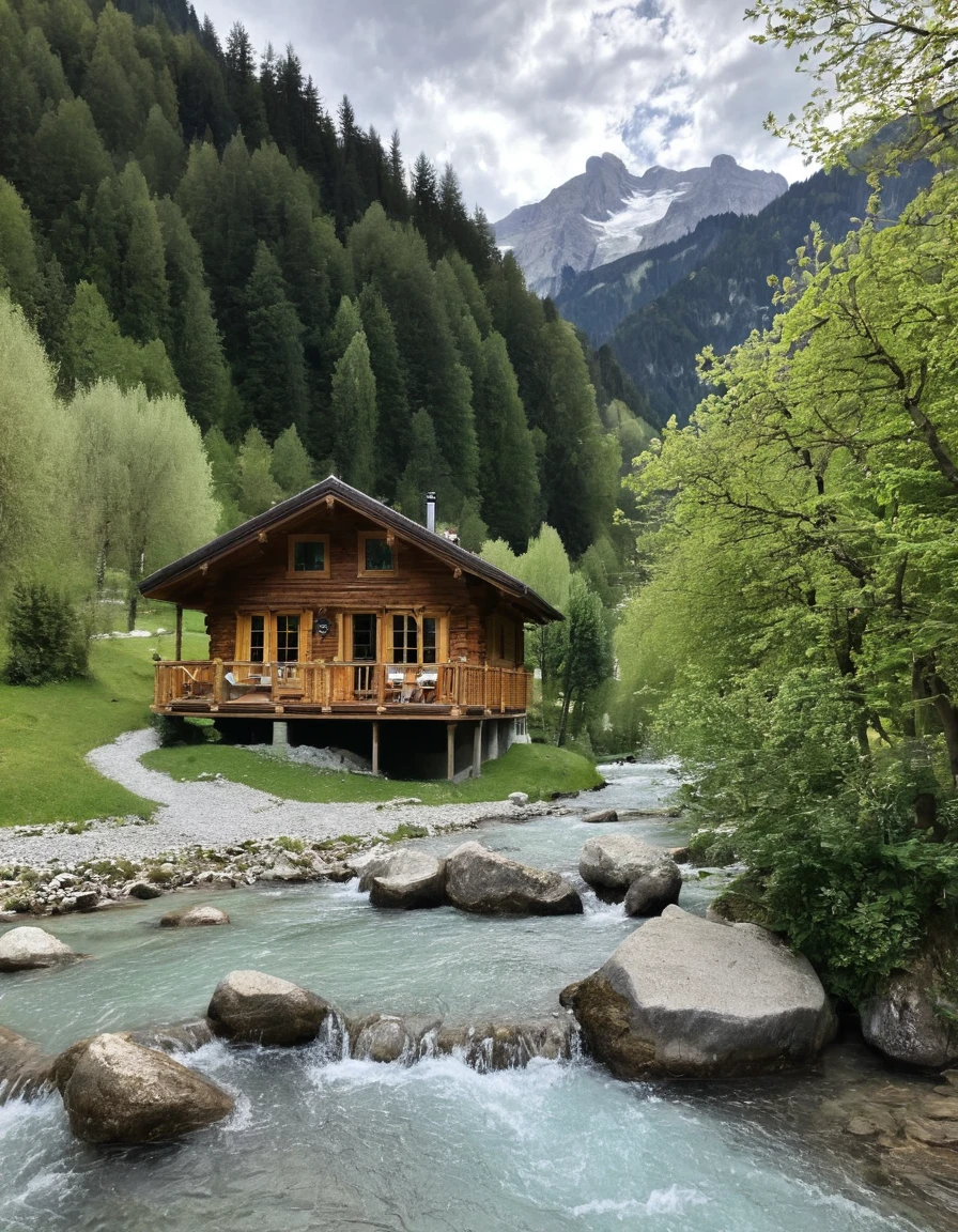 there is a small cabin with a pool in the middle of the woods, very close to real nature, next to a river, all in the amazing outdoors view, luxurious onsens, chalet, log cabin beneath the alps, beautiful place, tiny house, with waterfalls and river, pools and streams, paradise in the background, switzerland, austria, next to a small river